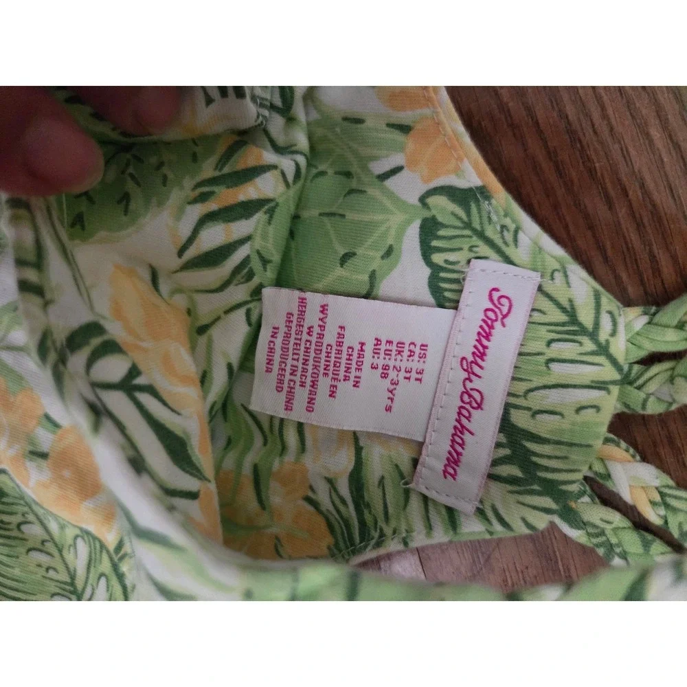 Tommy Bahama Girls 3T Tropical Floral Palm Leaf Braided Strap Cotton Dress Green